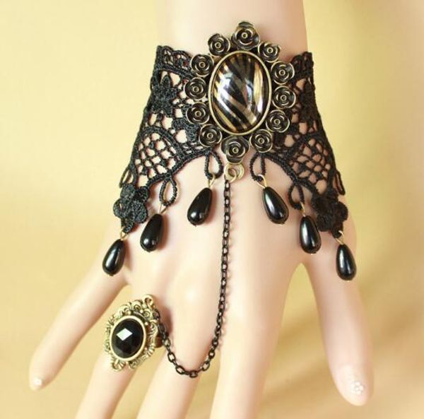 

new leopard-print crystal black water drop pearl gothic bronze lace lady's bracelet band ring fashion classic exquisite elegance, Golden;silver