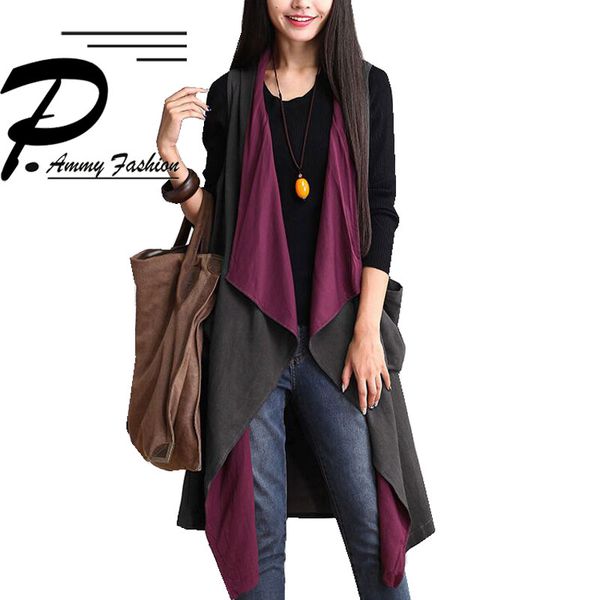 

2 ways wear sleeveless waterfall vest cardigans 2017 lady all seasons front or back waistcoat vest coat reversible jacket cap, Tan;black