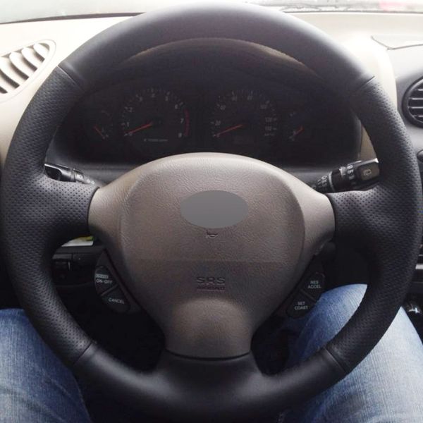 

black genuine leather diy hand-stitched car steering wheel cover for old hyundai santa fe