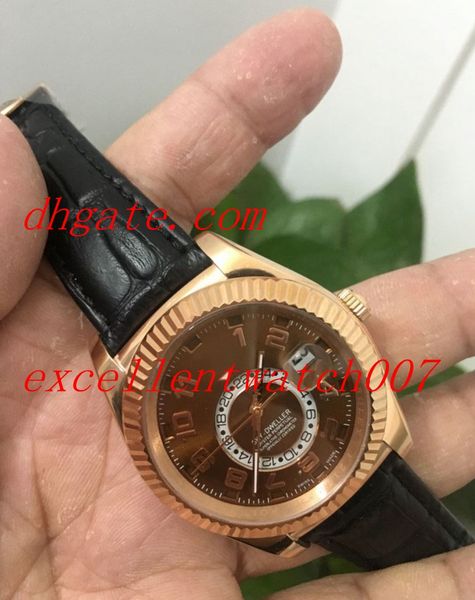 

luxury mens automatic annual calendar men time zone watches leather sky 326135 arabic numerals sport wristwatches, Slivery;brown