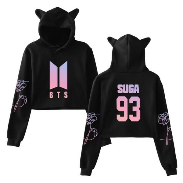 Acheter Bts Crop Top Sweat à Capuche Love Yourself Lettre Kpop Funny Cat Ear Sweat à Capuche Court Pullover Tumblr Vêtements De 182 Du Zhouzhaoyu