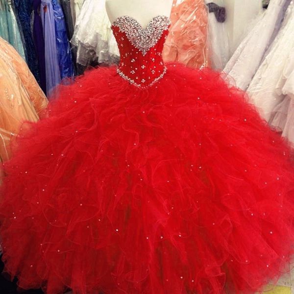 Vermelho barato quinceanera vestidos de baile babados 2019 vestido de baile tule strass 16 vestido para meninas espartilho vestidos 15 anos