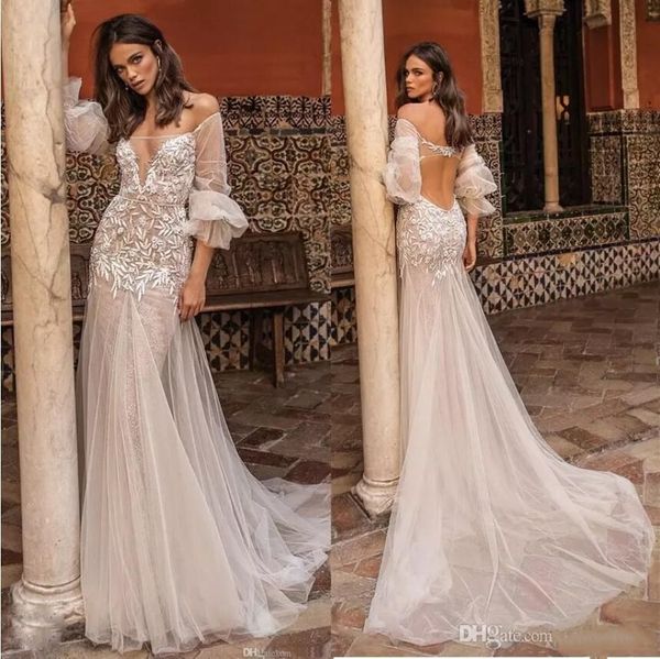 

berta 2020 mermaid wedding dresses backless illusion long sleeves bridal gowns sweep train lace applique boho wedding dress, White