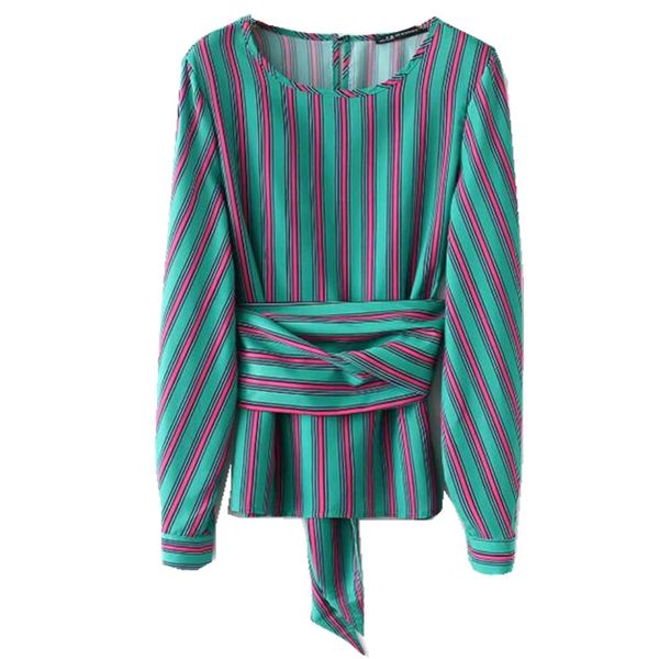 

stylish o neck colored striped shirt 2018 new woman bandage waist sashes long sleeve contrast color blouse femme, White