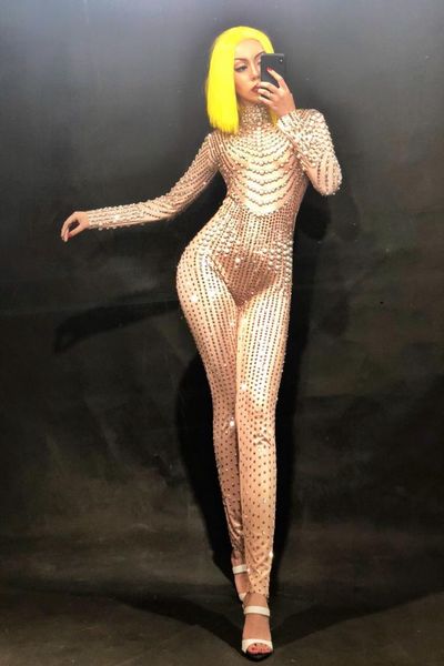 

2019 women new sparkling pearls rhinestone jumpsuit nightclub party dancer singer performance bodysuit stage wear costume, Black;white