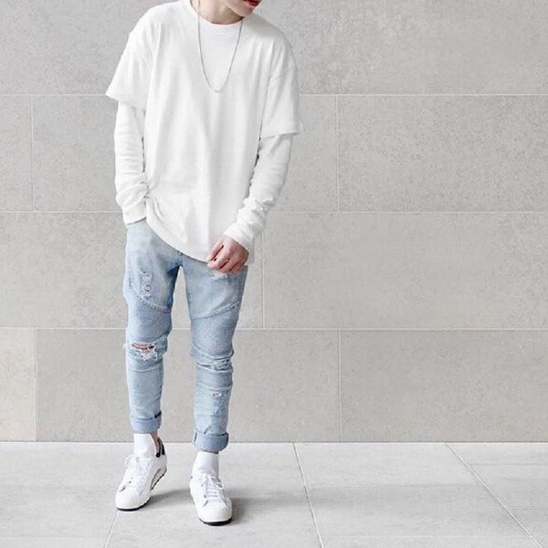 

Pencil Pants Mens Strech Ripped Biker Jeans Skinny Light Blue Distressed Kanye West Designer Brand Hip Hop Streetwear Swag Pants
