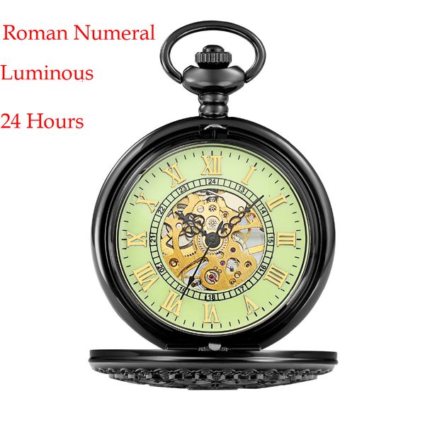 

men brand mg.orkina roman numeral mechanical pocket watch black chain skeleton fob watch backlight luminous clock 24 hours, Slivery;golden