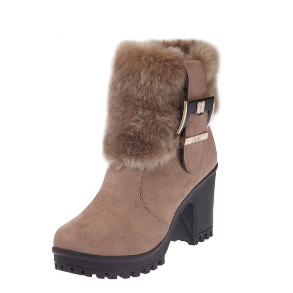 

fashion womens winter fur shoes high heels boots ladies brand ankle botas warm plush womens snow boots square heel 7cm, Black