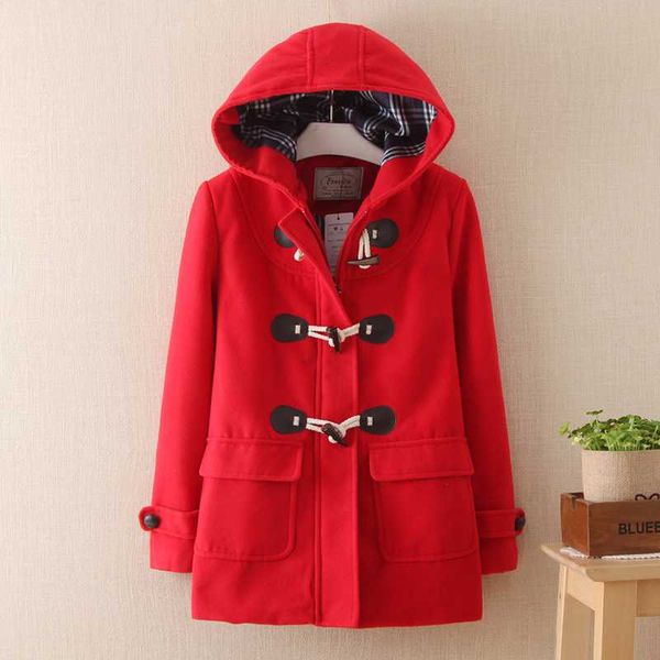 

autumn winter preppy style wool blends women japanes classic horn buckle patchwork hooded long woolen coat female thick jackets, Black