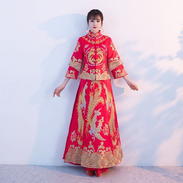 

oriental asian bride beauty chinese traditional wedding dress women red floral long sleeve embroidery cheongsam robe qipao style