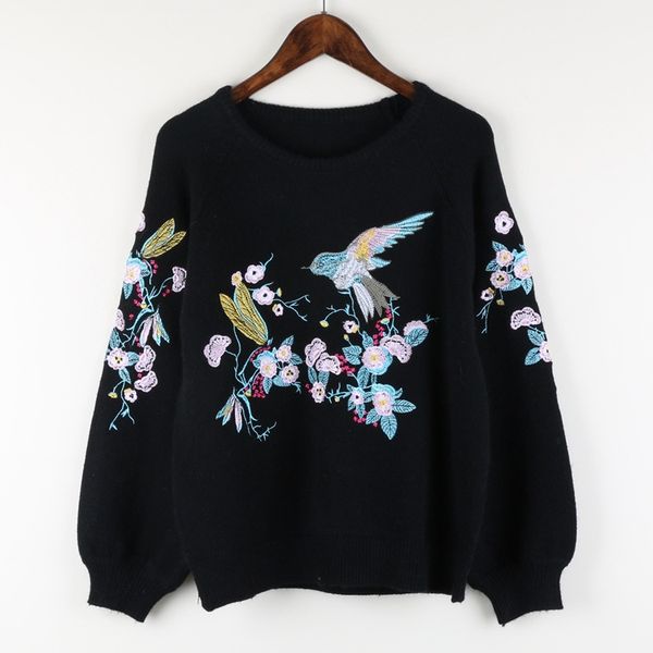 

2018 winter new fashion womens embroidery long puff sleeve knitted sweater brand black pullovers knitting clothing, White;black