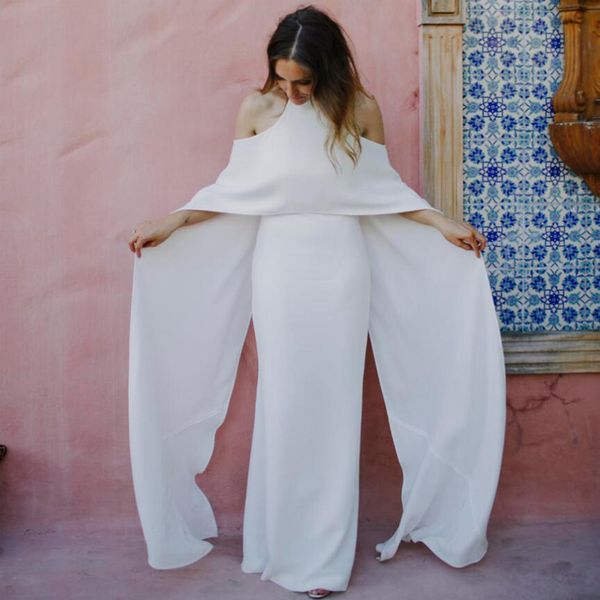 

fashion cold shoulder sheath wedding dresses with wrap design high neck sleeveless column beach bridal gowns custom made, White