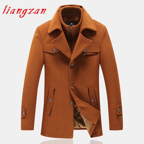 

men woolen coats winter slim fit warm overcoats brand detachable collar casual wool blends trench coats sl-f053, Black