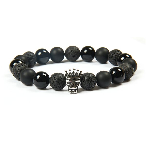 Venda quente de Prata Titanium Aço Crown Crânio Pulseira Atacado 10 pçs / lote Cor Mantendo Frisado Pulseiras Com 10mm de Pedra Natural Beads