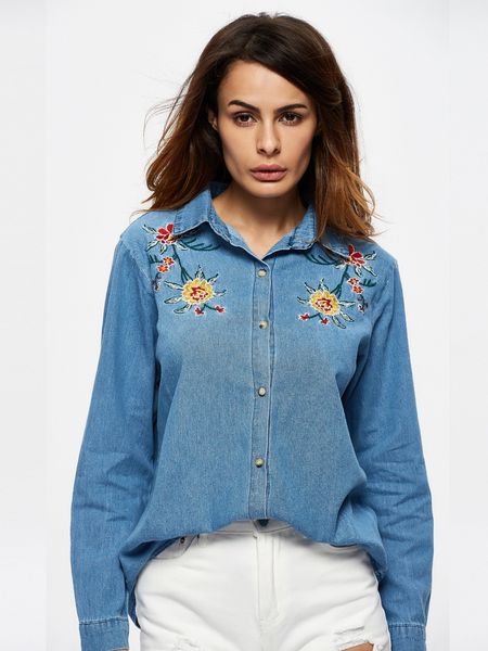 

2018 new style light blue embroidered cowboy shirt blouse fashion denim flower embroidery shirt blouse embroidered jacket shirt, White