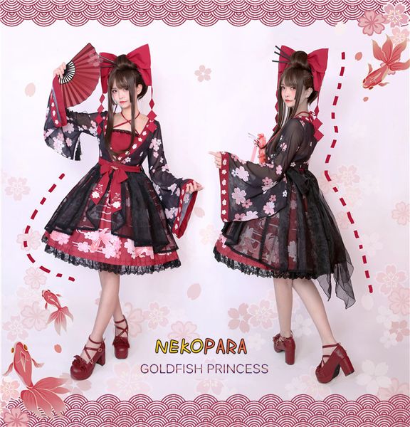 

3 colors goldfish princess hime chinese hnafu style lolita dress long sleeve bow fake 2pcs organza fairy kei pink one piece cute, Black;gray