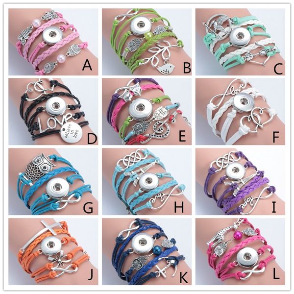 

noosa chunks heart owl cross snap button bracelet fit 18mm snap buttons jewelry multilayer snap pu leather statement bracelets, Golden;silver