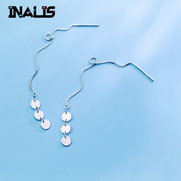 

inalis new korean trendy s925 silver long chain drop earrings for women elegant ear line round dangle boucle d'oreille gift, Golden;silver