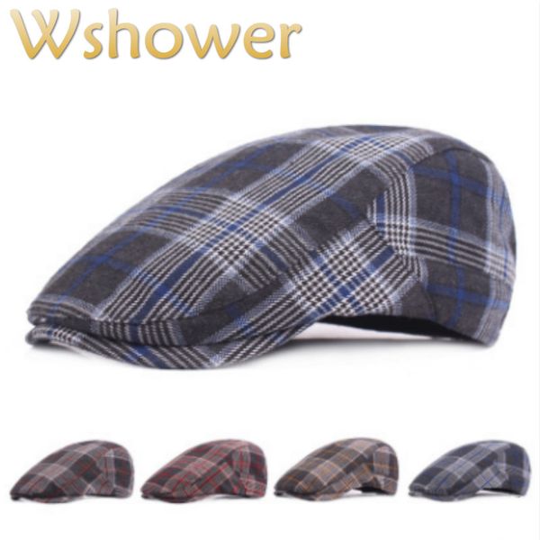 

fashion plaid winter beret cap for women warm grid woolen flat cap wool boina hat adjustable men's ivy viosr, Blue;gray