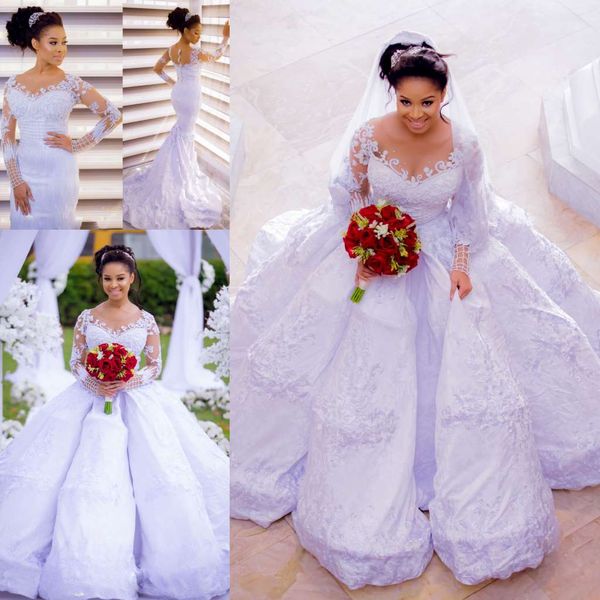 2019 afrikanische Meerjungfrau-Hochzeitskleider mit abnehmbarem Rock, Spitzenapplikationen, Perlen, langärmelige Brautkleider, weißes Brautkleid in Übergröße