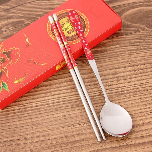 

chinese style spoon chopstick sets with gift box packaging stainless steel tableware wedding party favor
