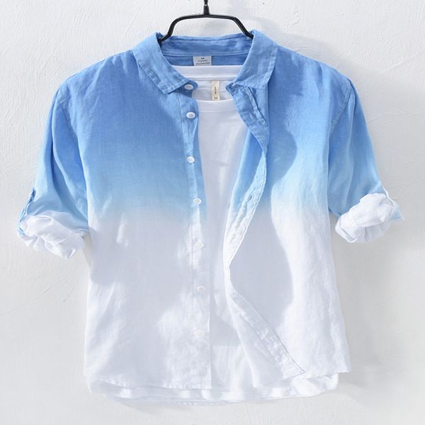 

2018 summer new casual shirts men gradient color 100% pure linen male shirts mandarin collar long sleeve for men zt025, White;black