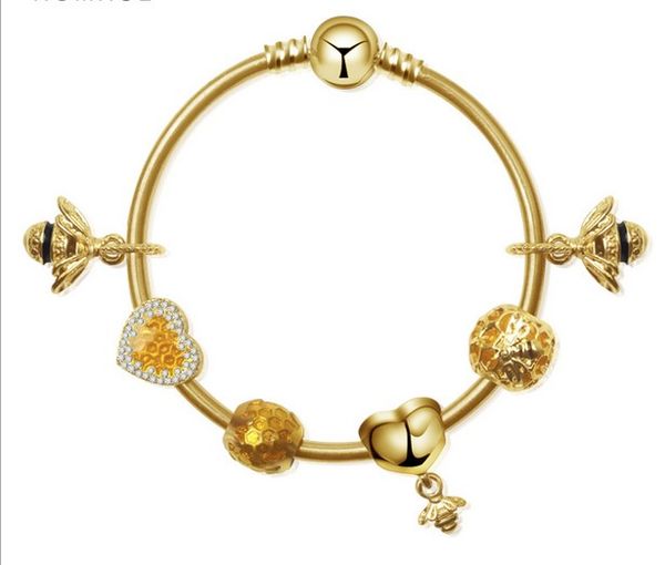 

Fashion Gold Plated Bee Dangle Charms Bangle honeycomb European Charm Beads 925 Sterling Bracelet Fits Pandora Charm Bracelets Necklace