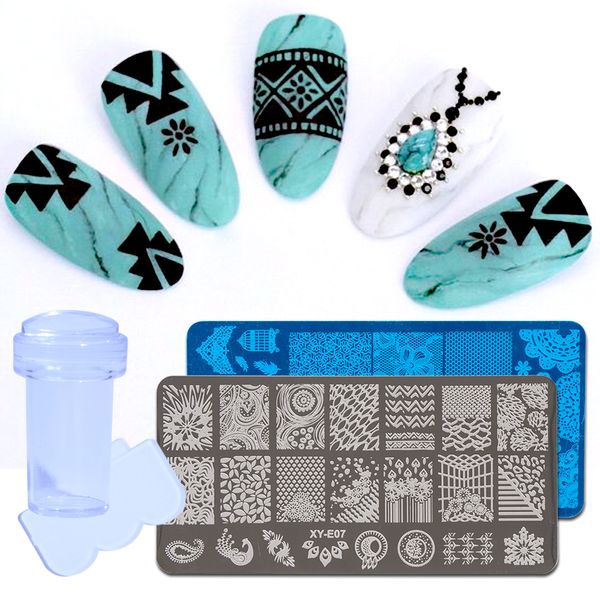 

2pcs nail art stamping plates stencils jelly stamper scraper blossom flamingo e leaf cream catcher templates tools be803, White