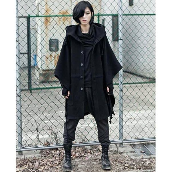 

2016 fashion gothic clothing black mens jacket trench coat wool men fashion brand peacoat hooded cloak long big size
