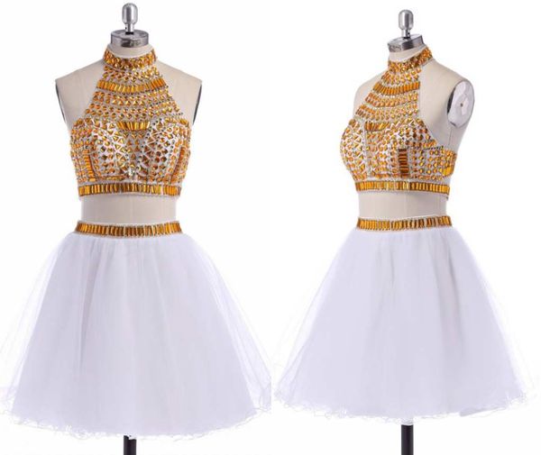 Spedizione gratuita oro bianco oro a due pezzi abiti quinceanera online cristallo in rilievo corto dolce abiti da ritorno a casa abiti da ballo da ballo hy978