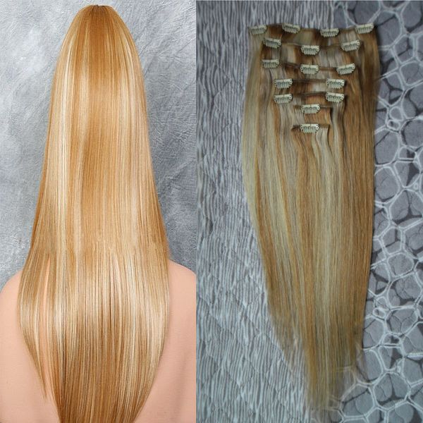 27/613 Blonde brasilianische Echthaar-Clip-in-Verlängerung, 7 Stück/Set, Clip-in-Echthaarverlängerungen, Clip-Ins für Haarverlängerung