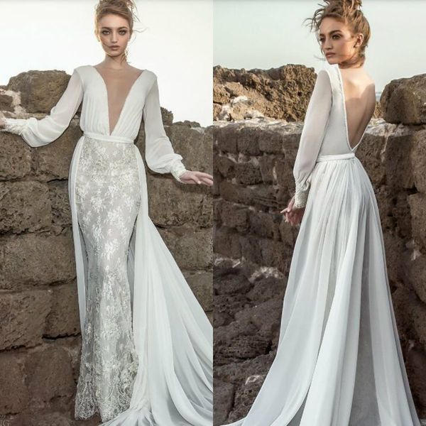 

elegant long sleeve mermaid wedding dresses deep v neck lace appliques chiffon bridal gowns backless wedding dress with overskirt, White