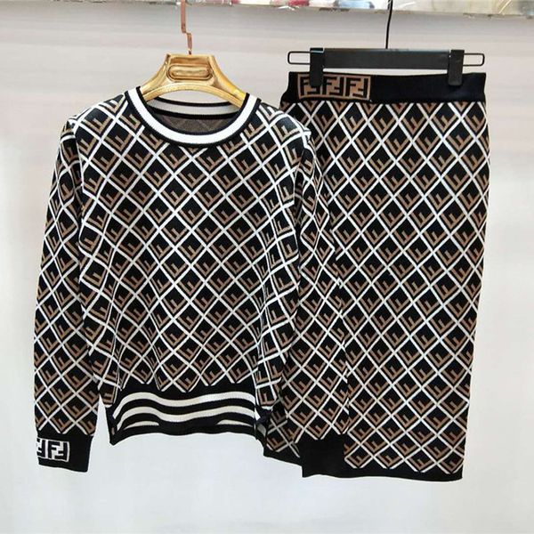 

brand women two piece suits dress long sleeve designer f letter sweaters with over knee knitted dresses women luxury two piece set dress, White