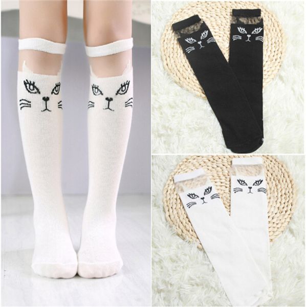 

cute cartoon children sock lovely cat for baby girls children knee high socks print animal long over knee socks, Black;white