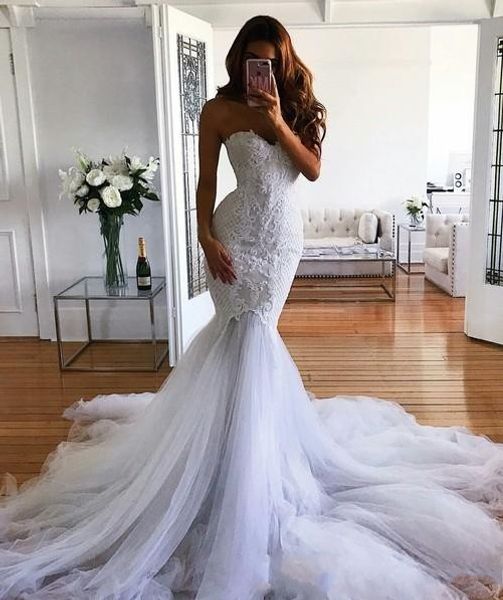 

modest mermaid wedding dress 2018 latest fashion bridal gowns custom made vestidos de novia lace sweetheart tulle trumpet court train, White