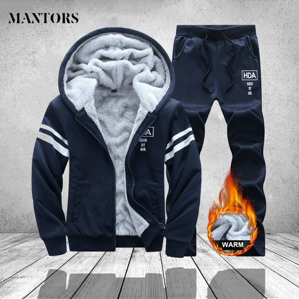 

winter thick hoodies set men clothing 2018 warm two pieces striped hooded jacket sweatpants mens tracksuit trainingspak mannen, Gray