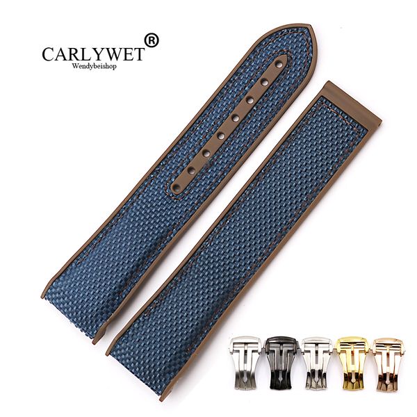 

carlywet 20 22mm rubber silicone with nylon replacement watchband strap loops for planet ocean 45 42mm with clasp, Black;brown