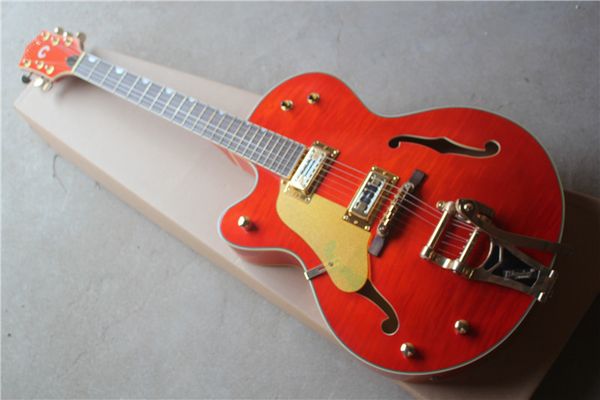 

g6120lh semi-hollow double f hole left hand large rocker electric guitar tiger stripe maple orange body