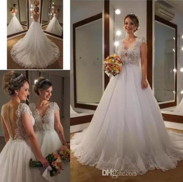 

2020 кружева свадебное платье v шеи втулки крышки скользящим шлейфом платья для новобрачных с аппликацией backless свадебное платье линии, White