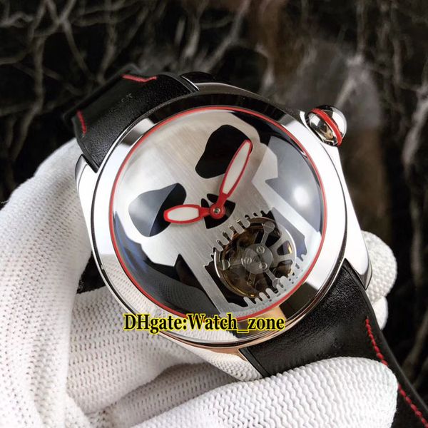 Yeni 46mm Kabarcık Kafatası Kafası Otomatik Turbillon Gri / Siyah Kadran Erkek İzle Gümüş Kılıf Deri Kayış Yüksek Kaliteli Saatı