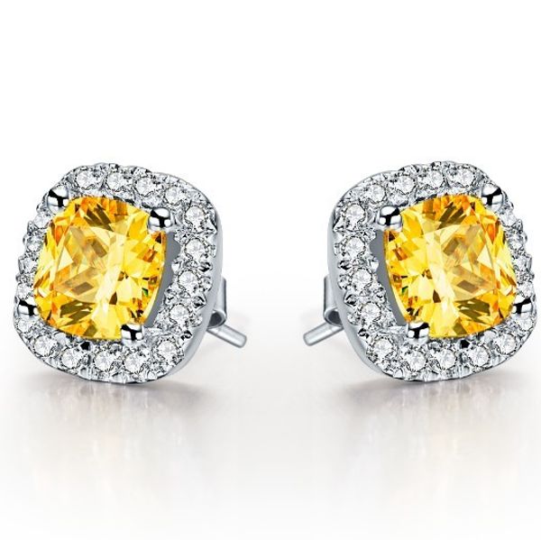 

sterling silver stud 925 2 ct/ piece cushion cut yellow sona simulate diamond wedding earrings stud jewelry gift for girl, Golden;silver