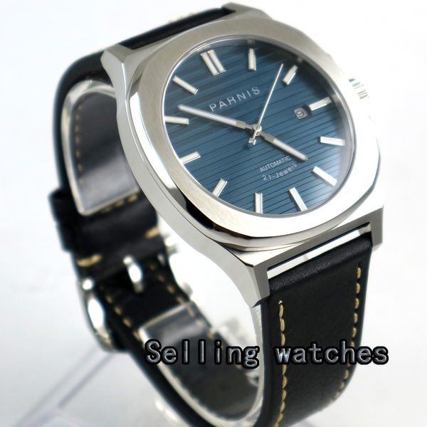 

44mm blue dial date luminous miyota 821a automatic movement mens watch, Slivery;brown