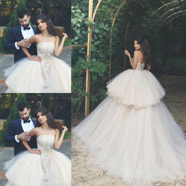 

detachable skirt wedding dresses strapless lace satin tulle tiered skirt ball gown romantic bridal gowns vestido de nova custom size, White