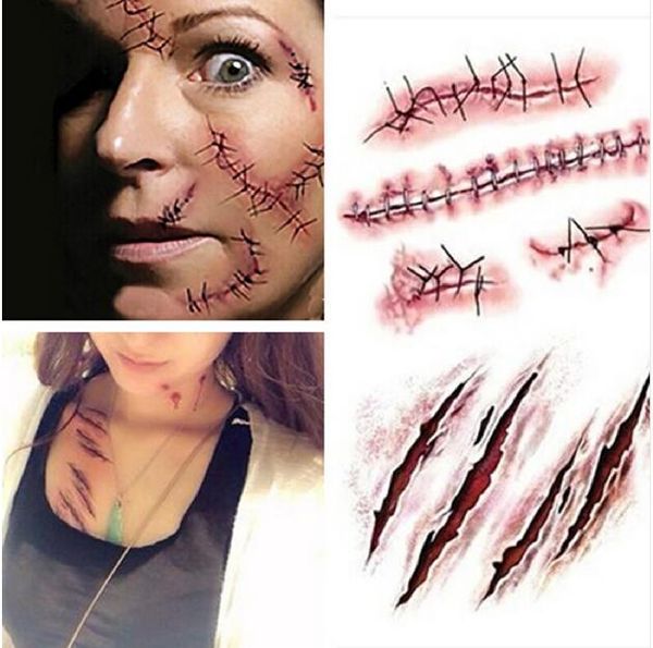 Heißer Verkauf Halloween-Zombie-Narben-Tattoos mit gefälschtem Schorf, blutigem Make-up, Halloween-Dekoration, Wunde, gruseliger Blutverletzungsaufkleber GA446