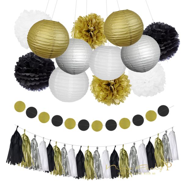 Nicro Mixed Gold Black White Party Tissue Pom Poms Paper Lantern