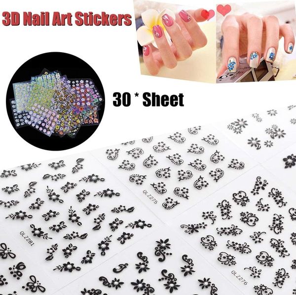 

30 sheet 3d mix color floral design nail art stickers decals manicure beautiful fashion accessories decoration h11541 cosmetic, Black