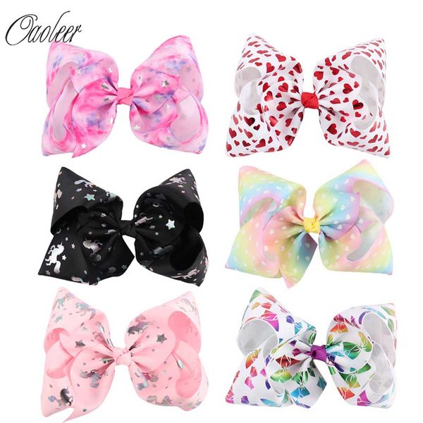 7/"Jumbo Hair Bows For Girls Heart Printed Rainbow Hair Bow With Alligator Clip