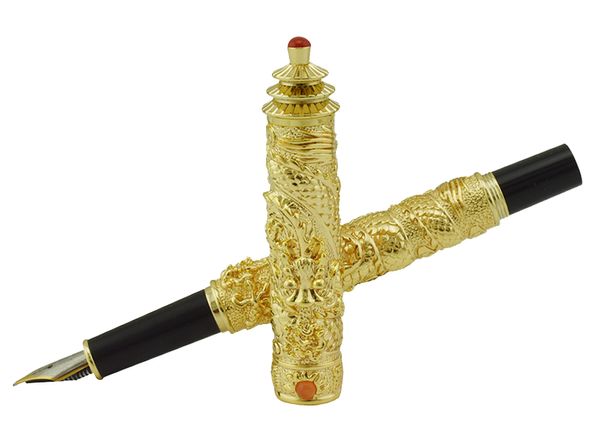 

jinhao vintage luxurious fountain pen golden tower cap small double dragon playing pearl, metal carving embossing heavy pen
