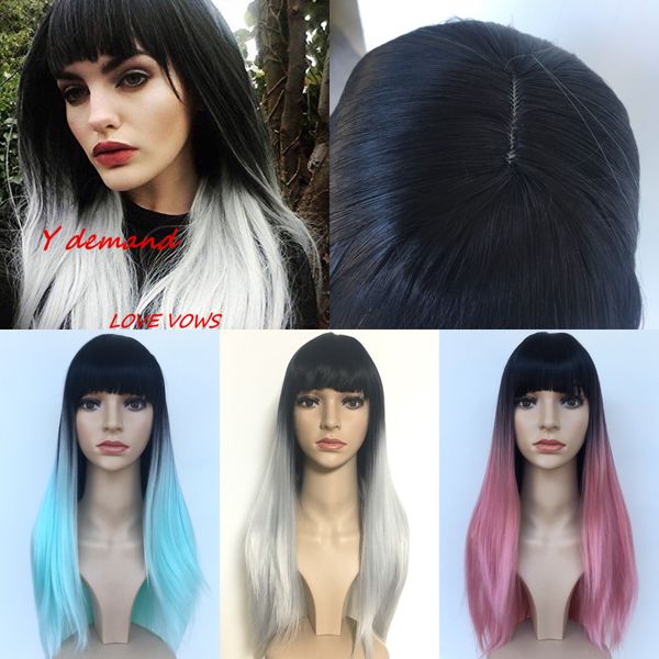 

silky straight simulation human hair long silky straight ombre black / pink/ green /grey wig with bang for black wome