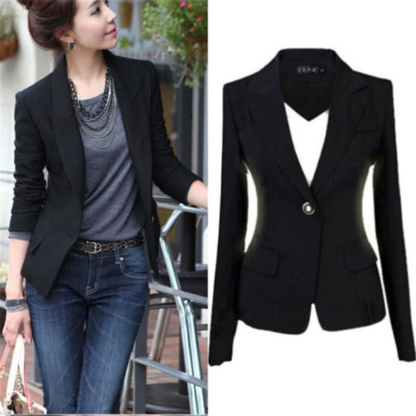 

women slim autumn blazer long sleeve one botton casual women solid blazer cotton & spandex jacket coat office wear plus size, White;black